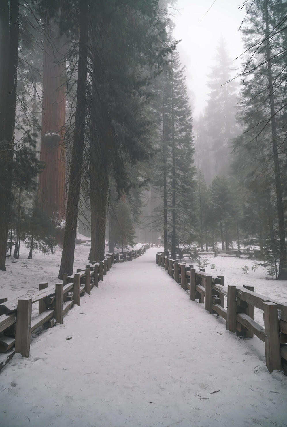 Snowy trail near General Sherman in Sequoia National Park, showcasing winter wonderland beauty