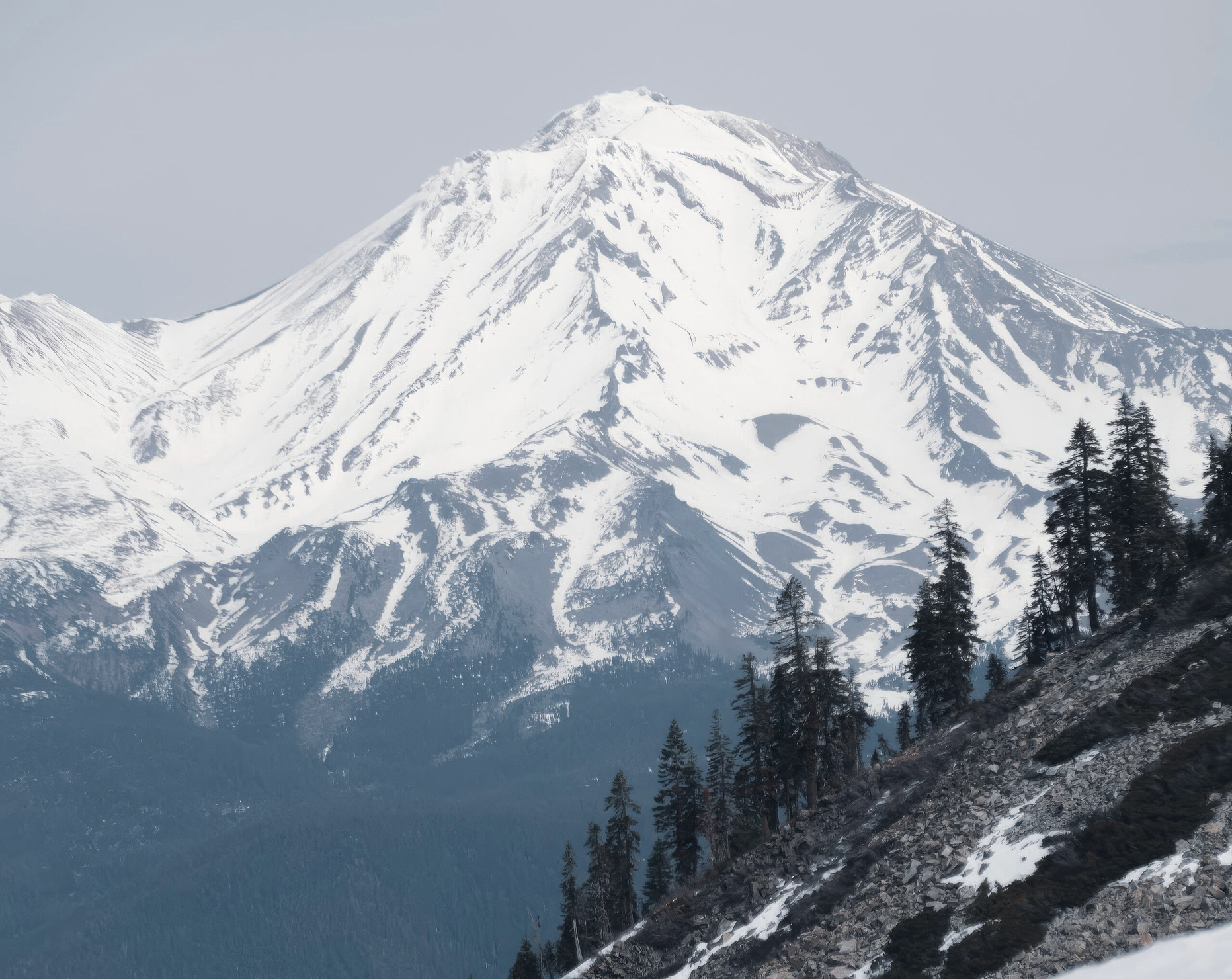 Mount Shasta majestically towering over Heart Lake, a serene and picturesque landscape.